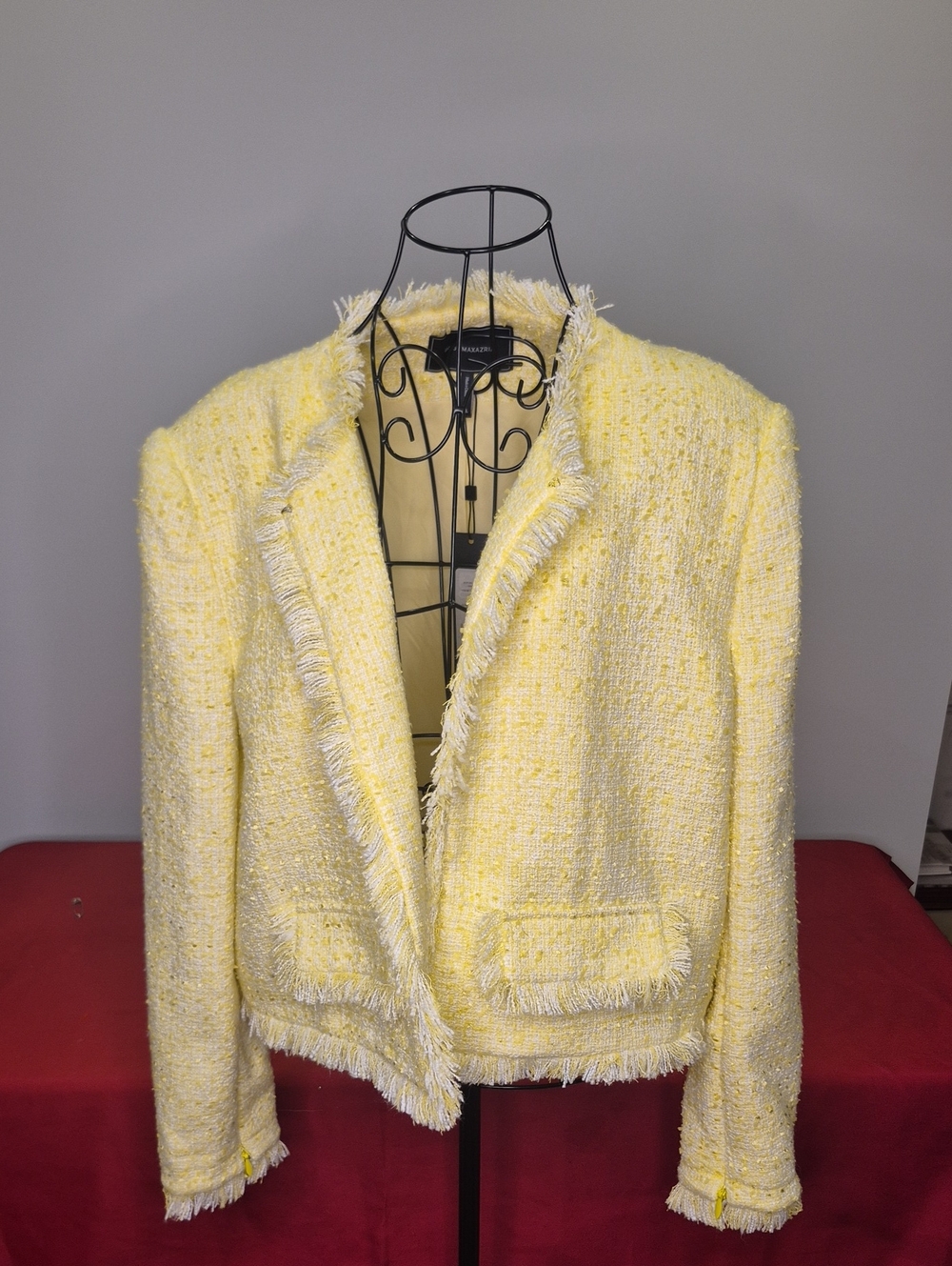 BCBG MaxAzaria Yellow Fringe Tweed Jacket Blazer NWT